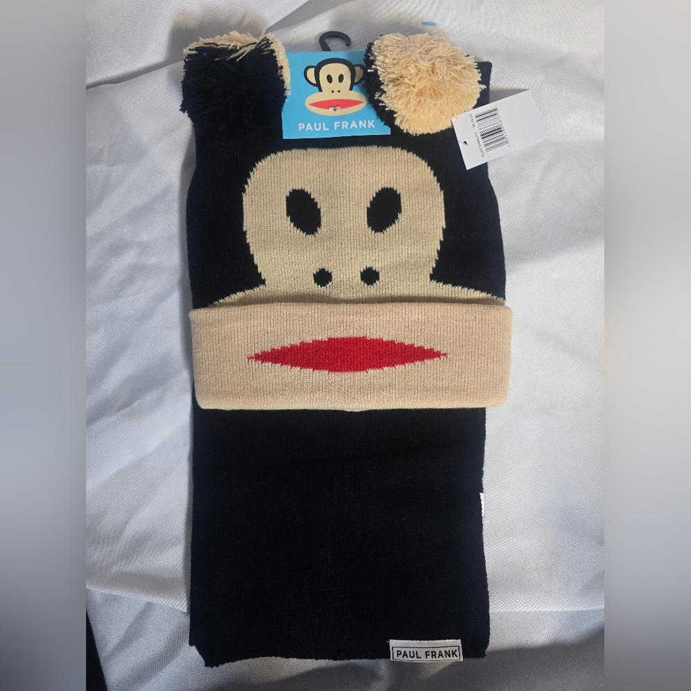 Paul Frank Black Scarf and Beige Knit Hat Set